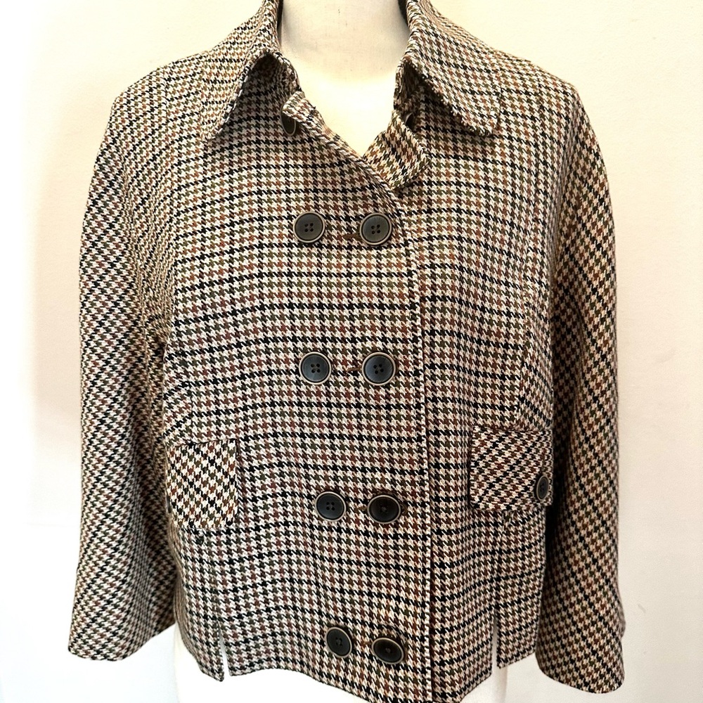 CAbi Houndstooth “Showroom Jacket” Double-Breasted Pea Coat - Black and Brown